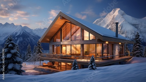 Tranquil winter chalet at the heart of a ski resort, surrounded by pristine snow-covered slopes and the distant peaks of a mountain range, offering a picturesque retreat for winter enthusiasts.