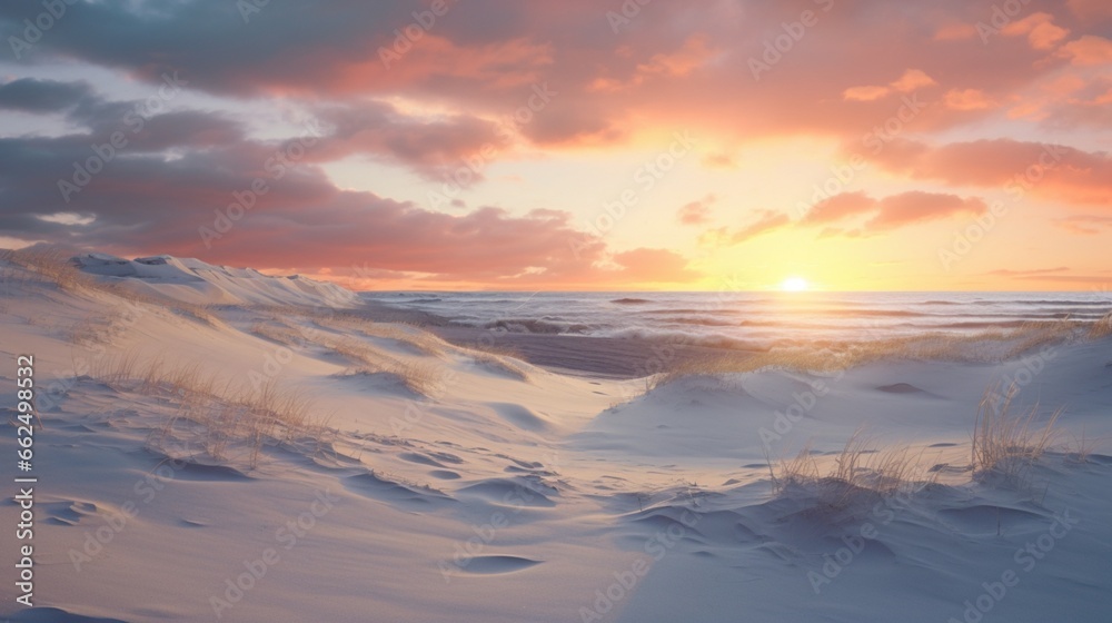 Tranquil winter dunes at sunset, the last rays of the sun casting a warm glow on the snow-covered sandy landscape. Tranquil winter dunes at sunset, the last rays of the sun casting a warm glow on the snow-covered sandy landscape.
