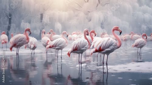 Tranquil winter flamingos gathered by a frozen lake, their pink plumage creating a striking contrast against the snowy backdrop, as they gracefully rest in the serene winter scene.