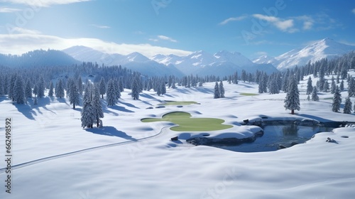 a unique blend of golf course against the backdrop of a serene snowy landscape.