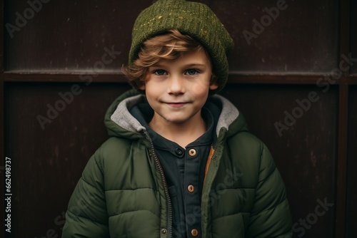 Portrait of a cute little boy in a warm hat and a green jacket. © Iigo