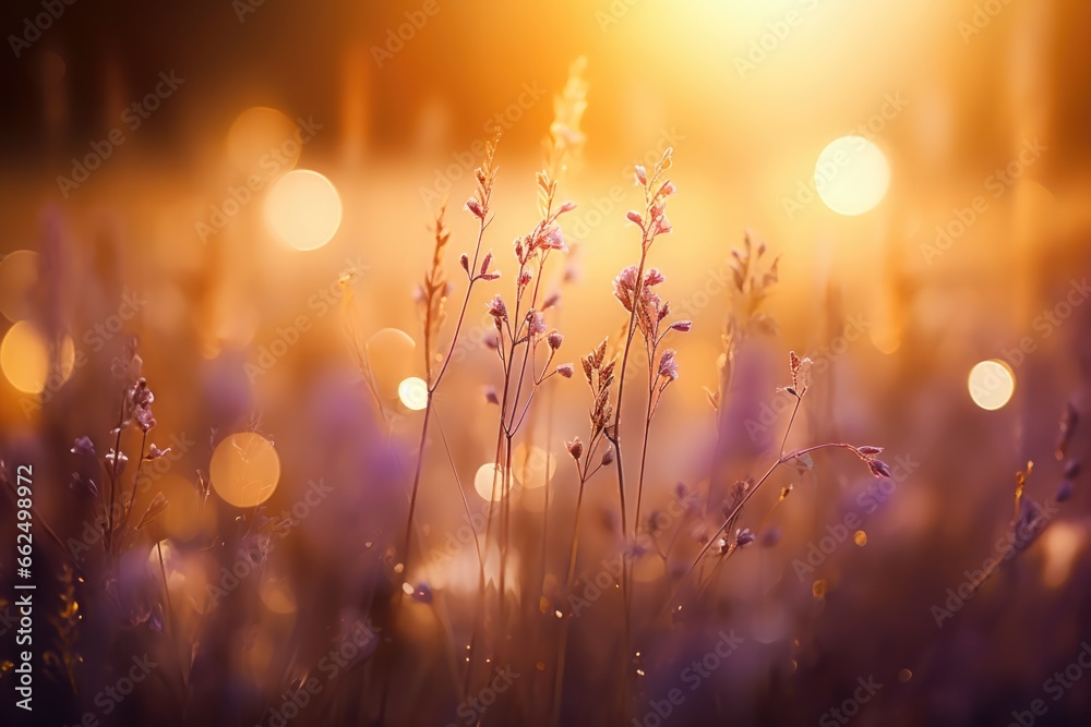 Beautiful meadow with wild flowers over sunset sky. Beauty nature field background with sun flare. Bokeh, silhouettes of wild grass and flower. Sunny summer or autumn nature backdrop Beautiful meadow with wild flowers over sunset sky. Beauty nature field background with sun flare. Bokeh, silhouettes of wild grass and flower. Sunny summer or autumn nature backdrop
