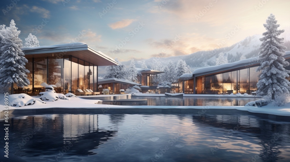 Tranquil winter spa and wellness center nestled within a ski resort, where visitors relax in outdoor hot tubs, surrounded by snow-covered trees and the distant hum of skiers enjoying the slopes.