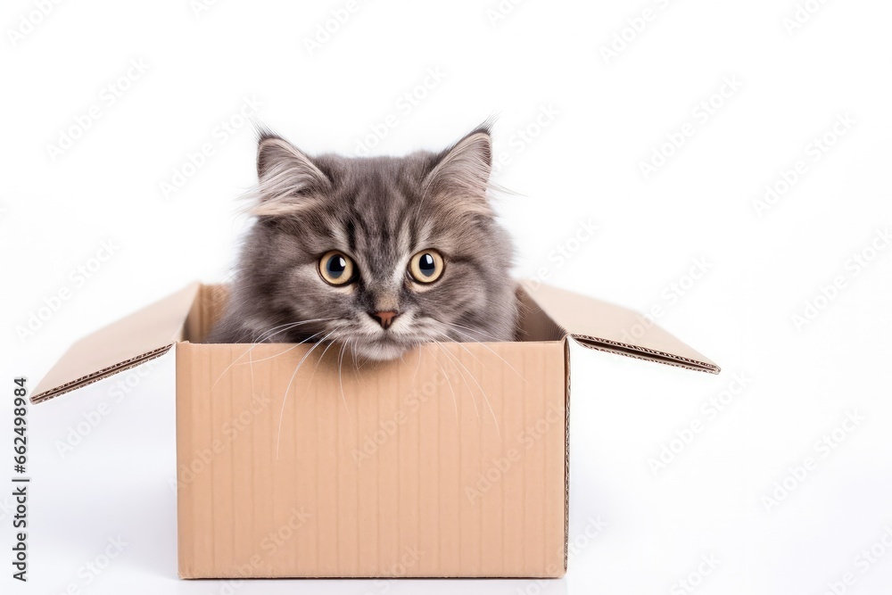 Beautiful purebred cat sitting in carton box isolated on white background representing domestic animal life pets love and care Suitable for ads Beautiful purebred cat sitting in carton box isolated on white background representing domestic animal life pets love and care Suitable for ads