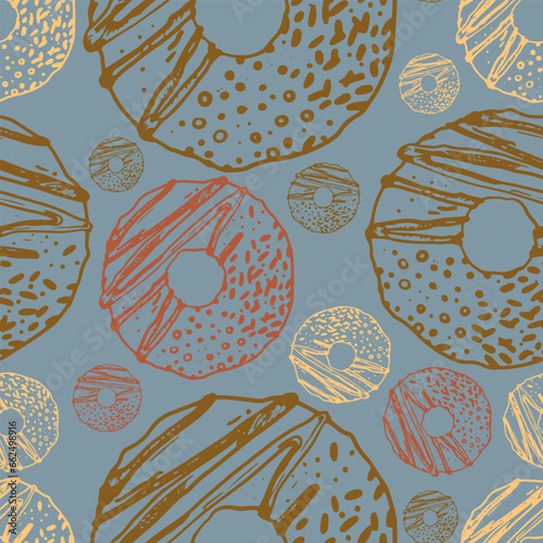 Pattern with buns, bread, hand-drawn. Vintage pastries, desserts made of wheat, coarse flour for a bakery or cafeteria. Background for cafe menu, for textiles.