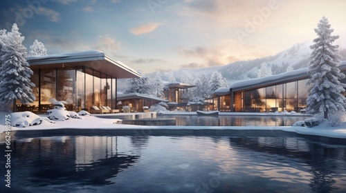 Tranquil winter spa and wellness center nestled within a ski resort, where visitors relax in outdoor hot tubs, surrounded by snow-covered trees and the distant hum of skiers enjoying the slopes.