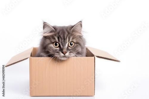 Beautiful purebred cat sitting in carton box isolated on white background representing domestic animal life pets love and care Suitable for ads
