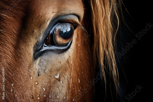 Beautiful reflection in the eye of a wild horse speaking volumes