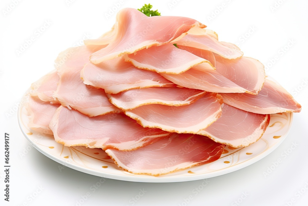 Boiled ham slices photographed on white background Boiled ham slices photographed on white background