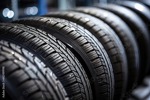 Brand new winter tires on display at an auto repair service center with a modern tread design isolated in a close up shot The background showcases a stack of t