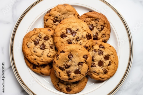 Chocolate chip cookies seen from above on a marble counter photo