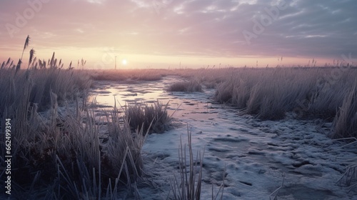 a frozen marshland  with delicate ice crystals forming on reeds.