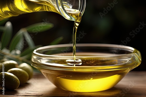 Close up of olive oil being poured from a bottle into a bowl