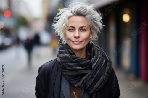 Portrait of a beautiful middle-aged woman with short blond hair.