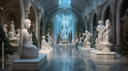 an art gallery, where snow-covered sculptures and frozen fountains create an ethereal ambiance, turning the space into a masterpiece itself.