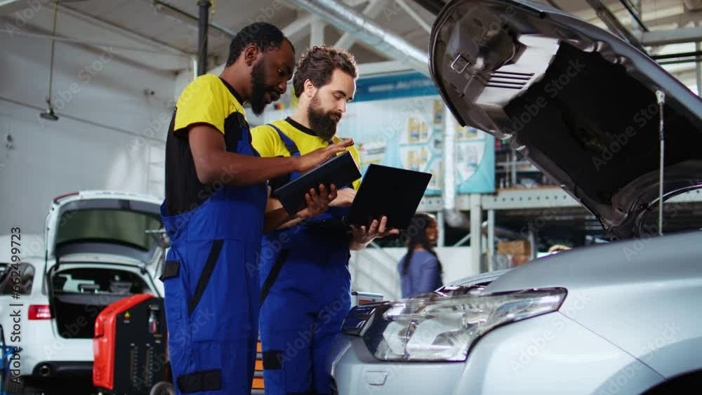 Mechanics in auto repair shop working together on fixing car, using tablet and laptop. Coworkers collaborating on servicing broken vehicle, checking for defective components using electronic devices