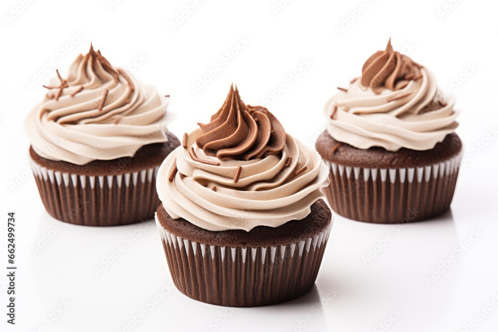 Delicious chocolate cupcakes on a plain white surface