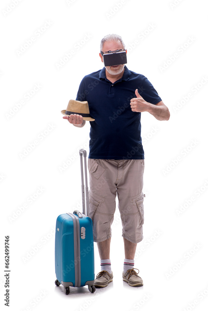 Old man in travelling concept isolated on white Old man in travelling concept isolated on white