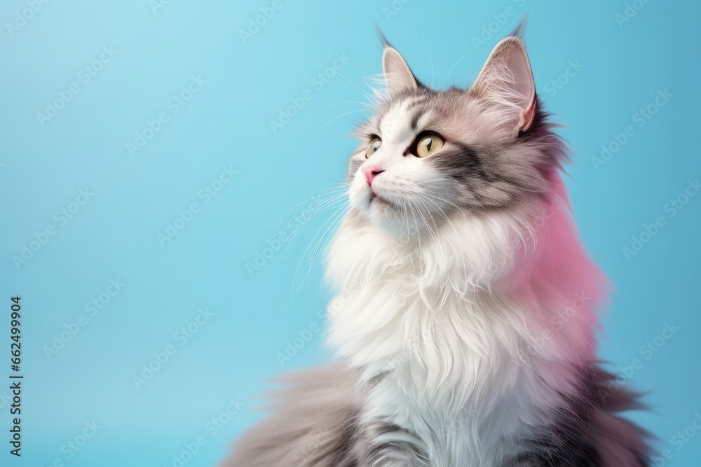 Fluffy calico cat with long hair looking sideways on light blue background Focus on snout Fluffy calico cat with long hair looking sideways on light blue background Focus on snout