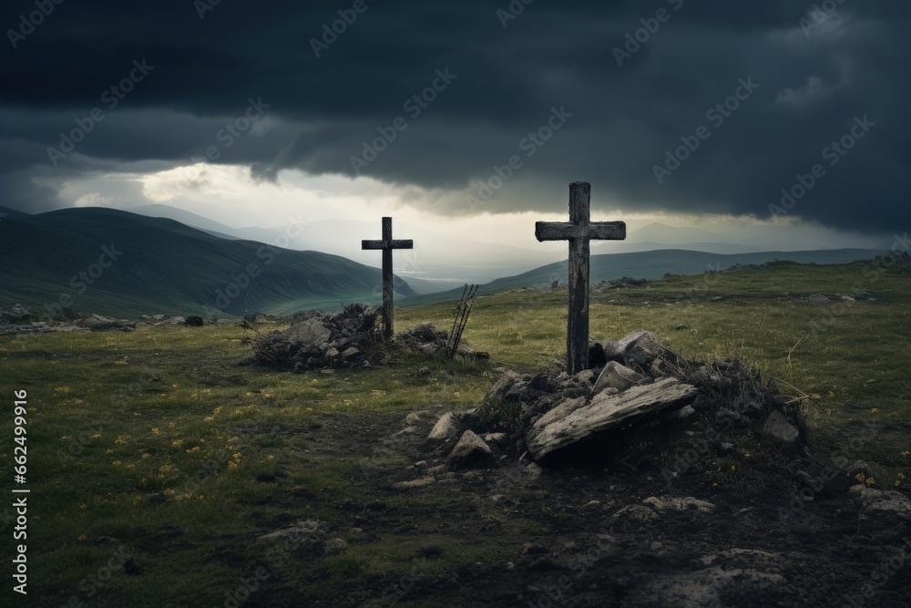 Forgotten cemetery in a rural area with ancient unmarked stone crosses set against a dramatic stormy sky symbolizing lost religion and traditions