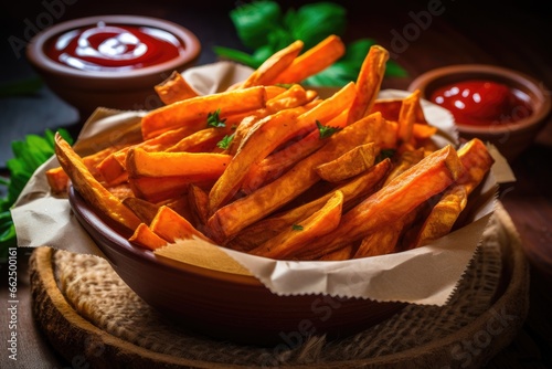 Homemade sweet potato fries with ketchup baked and healthy