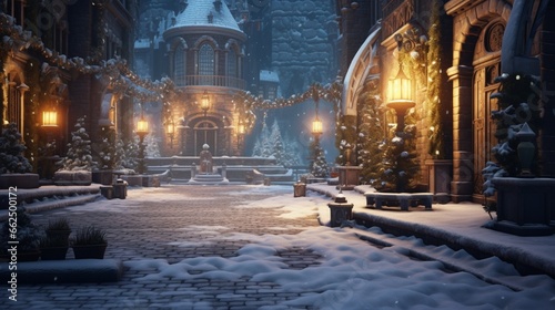 Castle courtyard with a candlelit path  where the flickering lights create a fairy-tale ambiance in the snow-covered courtyard.