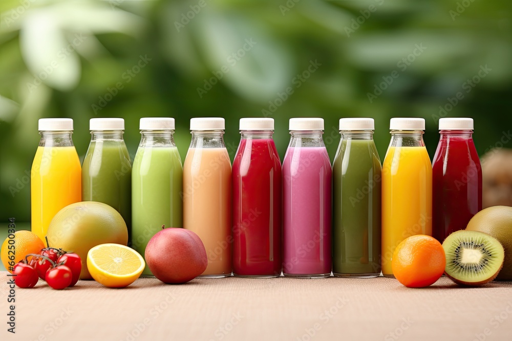 Mixed fruit smoothie in colorfully bottled selective focus Mixed fruit smoothie in colorfully bottled selective focus