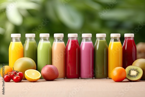 Mixed fruit smoothie in colorfully bottled selective focus