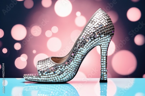 Modern design concept featuring a creative collage of a high heel shoe with a disco ball highlighting beauty and fashion with available space for copy