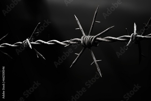 Monochrome silhouette photo of barbed wire on a dark fence photo