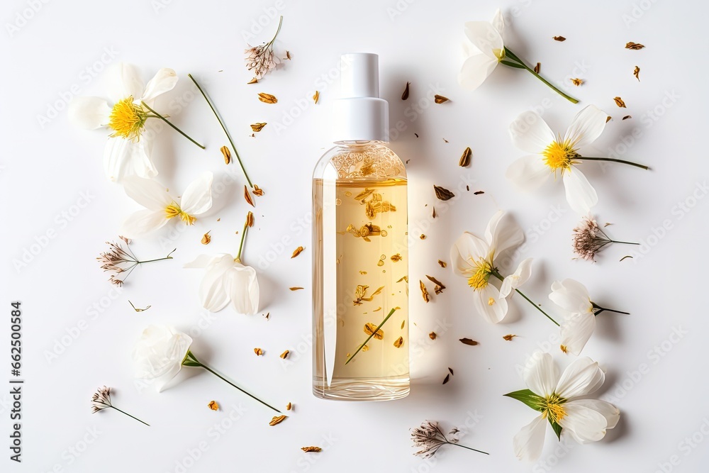 Organic multipurpose dry oil Lovely floral bottle Beauty blogger aesthetic - obrazy, fototapety, plakaty 
