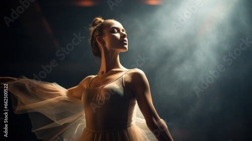 A ballet dancer, poised in an elegant position, showcasing both muscle and grace amidst a soft stage glow.