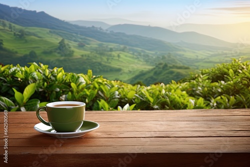 Organic green tea cup on wooden table with tea plantations in background