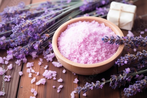 Organic lavender SPA cosmetics displayed with bath salt spa products and lavender flowers on a wooden background Emphasizing skin care and beauty treatment