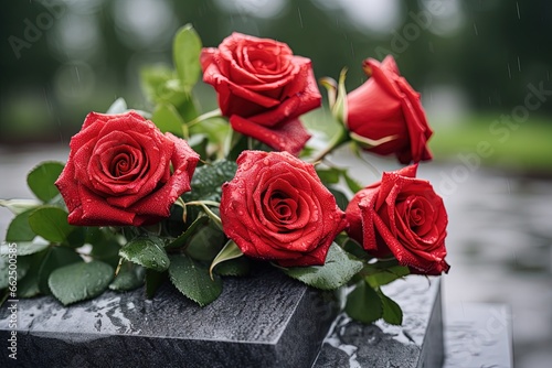 Outdoor funeral ceremony with red roses on granite tombstone