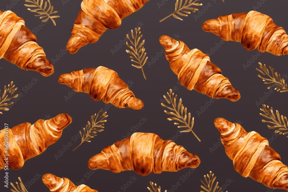 Pattern of croissants on gray background Bakery pattern with baked croissant Fresh croissant with salad and grains pattern Croissant cookies with grains on bro Pattern of croissants on gray background Bakery pattern with baked croissant Fresh croissant with salad and grains pattern Croissant cookies with grains on bro