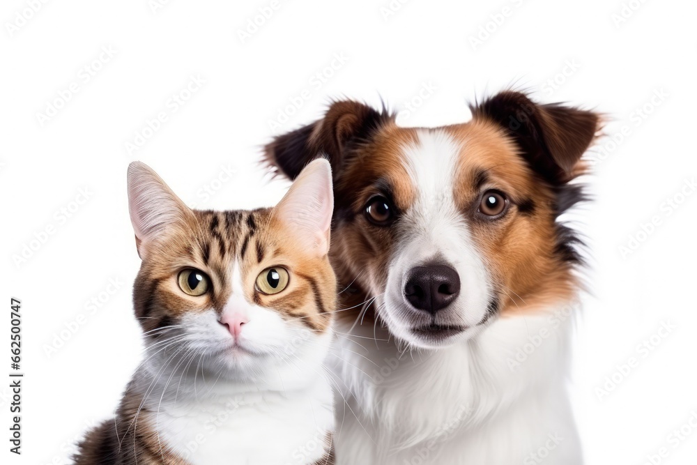 Picture of adorable Jack Russell Terrier dog and happy Scottish Straight cat alone on white backdrop Picture of adorable Jack Russell Terrier dog and happy Scottish Straight cat alone on white backdrop