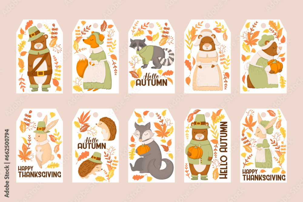 Fototapeta premium Cute autumn animals vector tags collection with hand drawn animals, leaves and letterings isolated on white background. Illustration set for gift tags print, banners, greeting cards