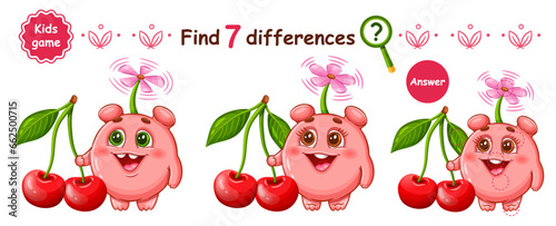 Cute fantasy monster alien and cherry berry fruit, find 7 difference education children puzzle game. Funny fictional humanoid mutant character. Compare picture. Kid logical learning worksheet. Vector 