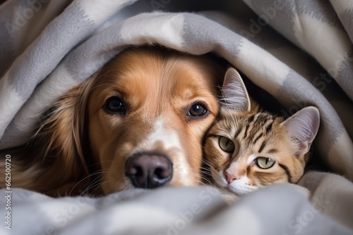 Pets dog and cat being friends cuddle at home