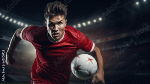 A soccer player, in a high-speed chase of the ball, with expressions revealing pure focus and passion.