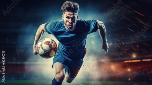 A soccer player, in a high-speed chase of the ball, with expressions revealing pure focus and passion.