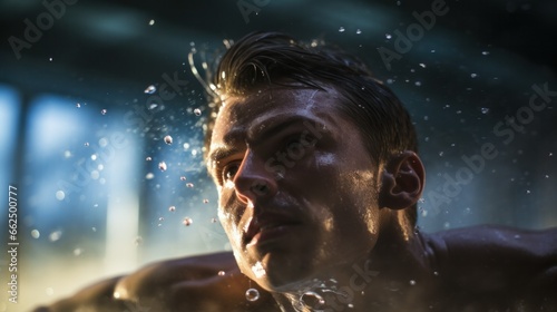 A swimmer, captured mid-stroke in a tranquil pool, displaying strength and fluidity with every move.