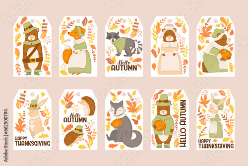 Cute autumn animals vector tags collection with hand drawn animals, leaves and letterings isolated on white background. Illustration set for gift tags print, banners, greeting cards