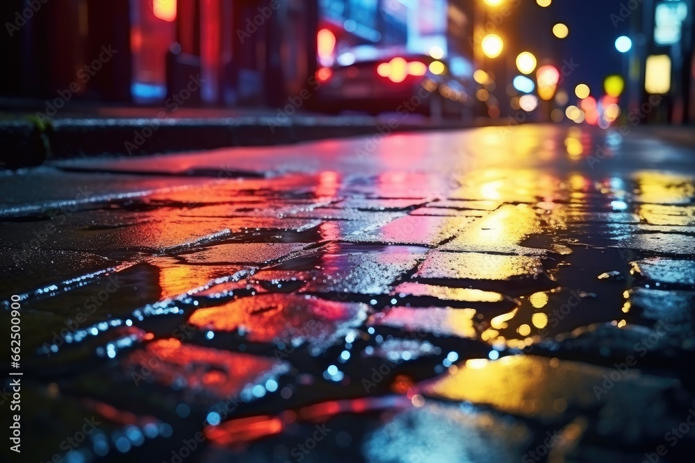 Rain soaked asphalt neon reflections in puddles night lights abstract dark background neon rays