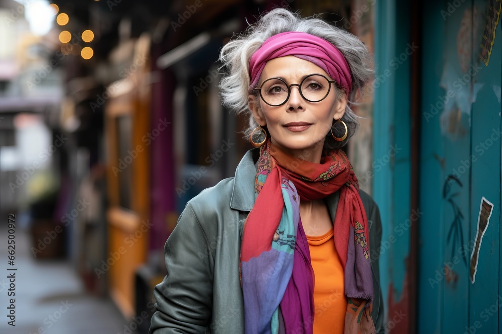 Portrait of a middle-aged woman in glasses and a pink scarf on the street. Portrait of a middle-aged woman in glasses and a pink scarf on the street.