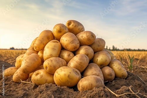 Ripe potatoes gathered in field forming a pile on the ground