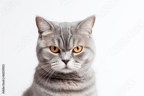 Striped gray cat portrait with orange eyes on white background Suitable for billboards signage ads Serious thoughtful expression Purebred with copy spac © LimeSky