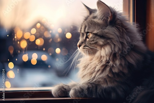 Cute big fluffy gray cat sitting near the window and looking at the blurred lights. Winter cozy background. Christmas and New Year vertical concept. Banner about pets