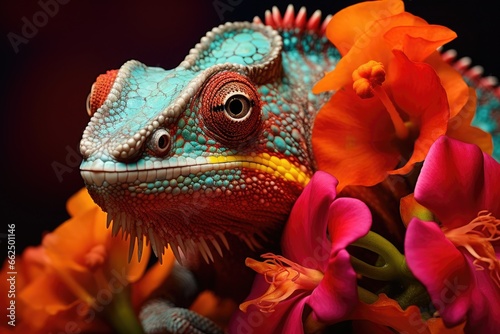 Stunning macro of a chameleon perched on a flower